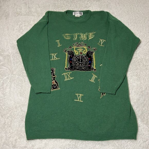 Vintage 80s Sweater XL LambsWool Sequins Beaded Embroidered Clock Vi Vien Forest - Picture 1 of 11